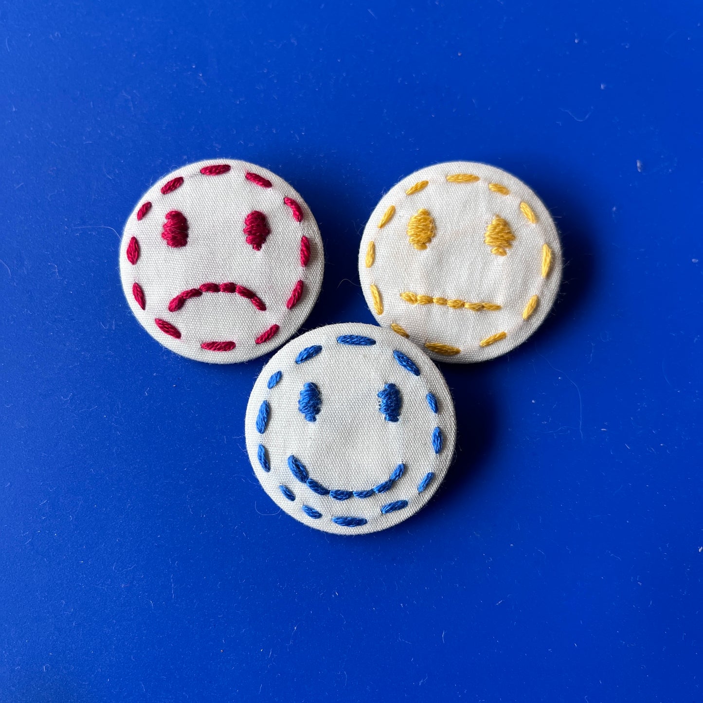 Hand Embroidered Button Pin Set - Smiley Face, Straight Face, Sad Face