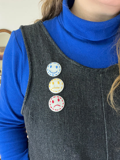 Hand Embroidered Button Pin Set - Smiley Face, Straight Face, Sad Face